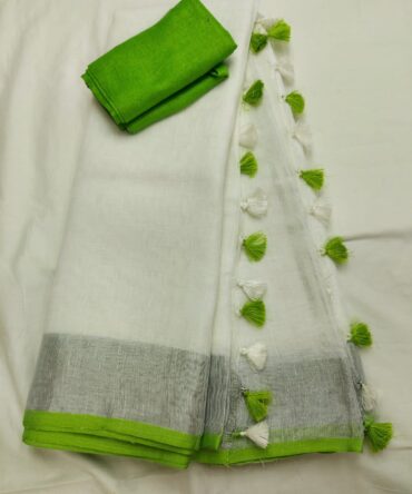Ivory White Silver Zari Green Border  with Tassels Solid Color Saree