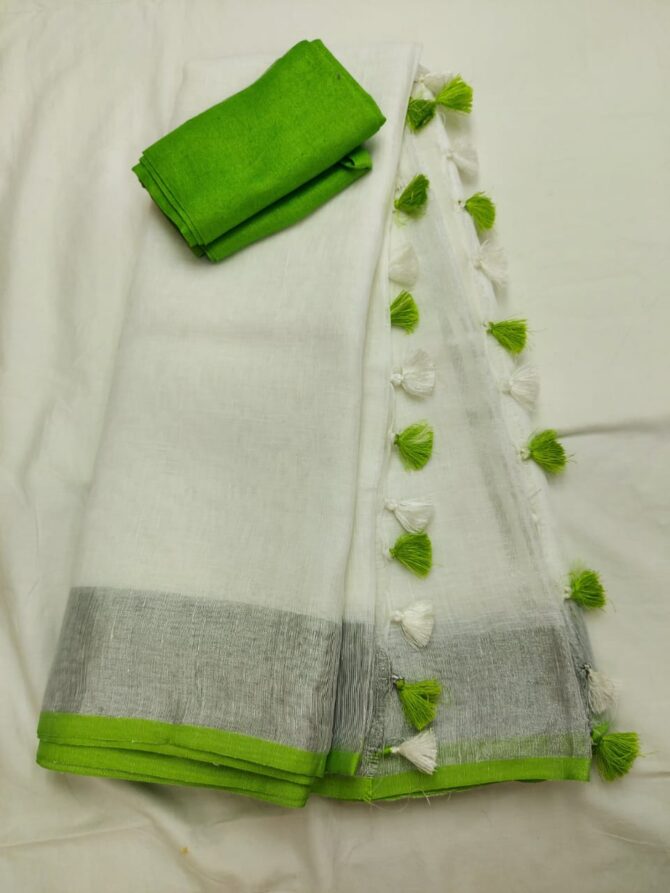Ivory White Silver Zari Green Border  with Tassels Solid Color Saree