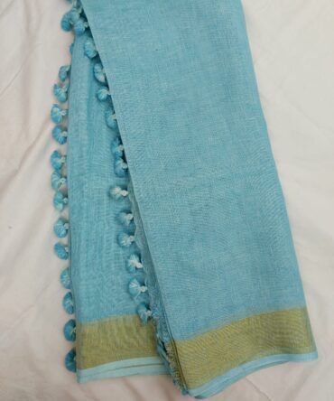 Arctic Blue Golden Zari Border Solid Color Saree