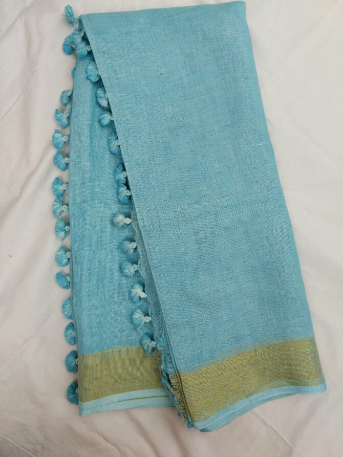 Arctic Blue Golden Zari Border Solid Color Saree