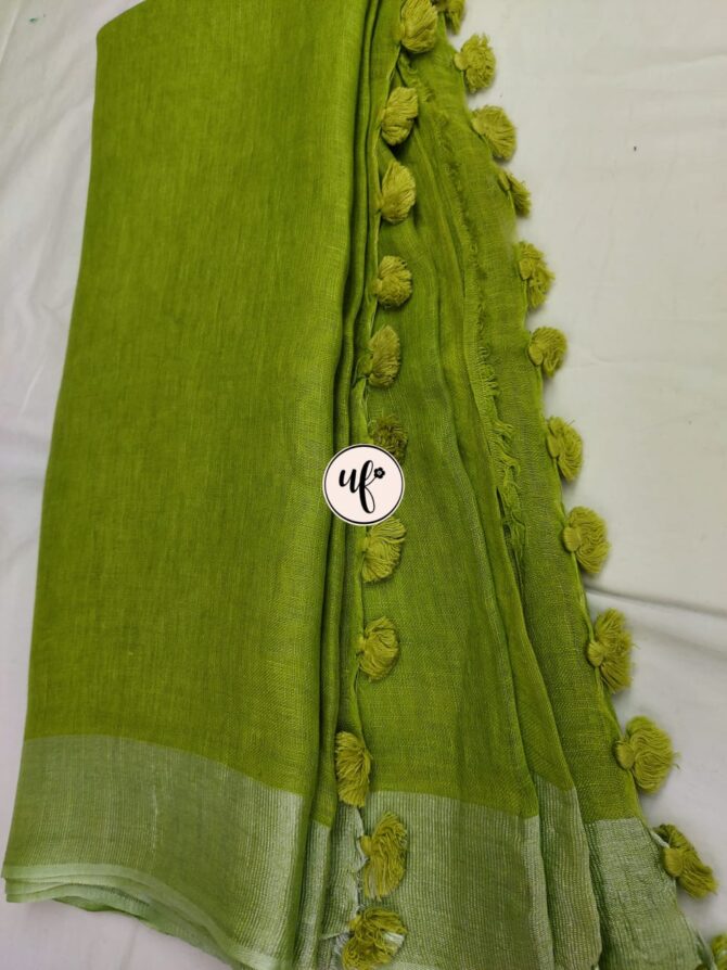 Olive Green Silver Zari Border With Tassels  Solid Color Saree