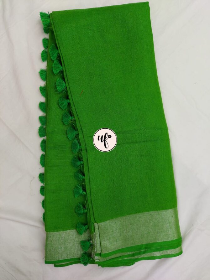 Parrot Green Silver Zari Border with  Solid Color Saree