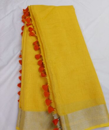 Lemon Yellow Golden Zari Border With Tassels  Solid Color Saree