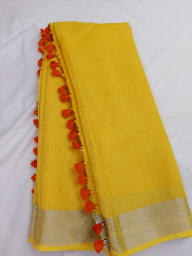 Lemon Yellow Golden Zari Border With Tassels  Solid Color Saree
