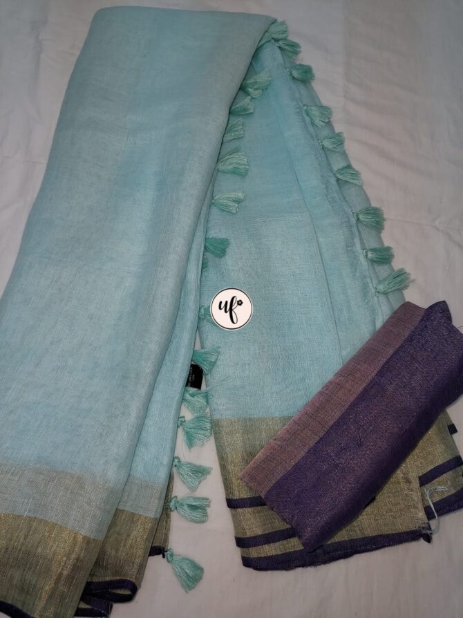 Light Blue Golden  Zari  Blue Border With Tassels  Solid Color Saree