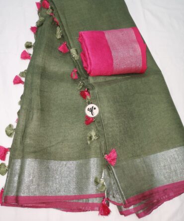 Sage Green silver  Zari Pink  Border With Tassels  Solid Color Saree