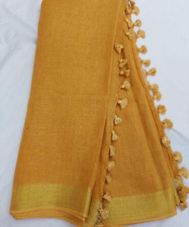 Mustard Yellow Golden Zari Border With Tassels Solid Color Saree