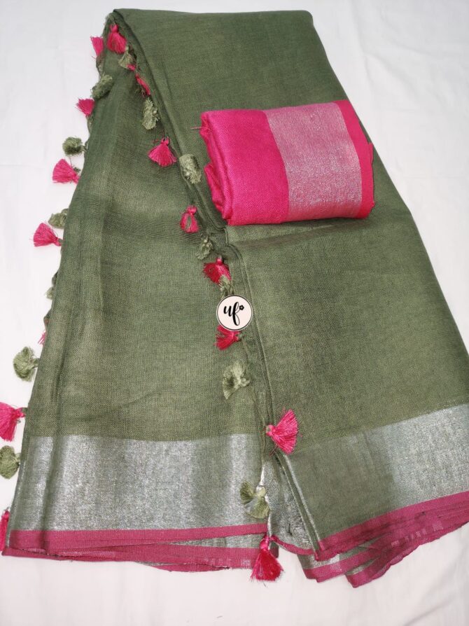 Sage Green silver  Zari Pink  Border With Tassels  Solid Color Saree