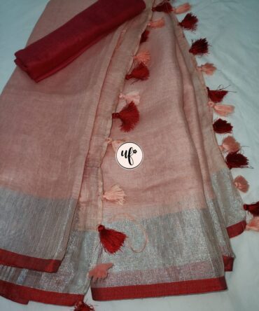 Peach Silver  Zari Red Border With Tassels  Solid Color Saree