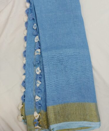 Sapphire Blue Golden Zari Border with Tassels Solid Color Saree
