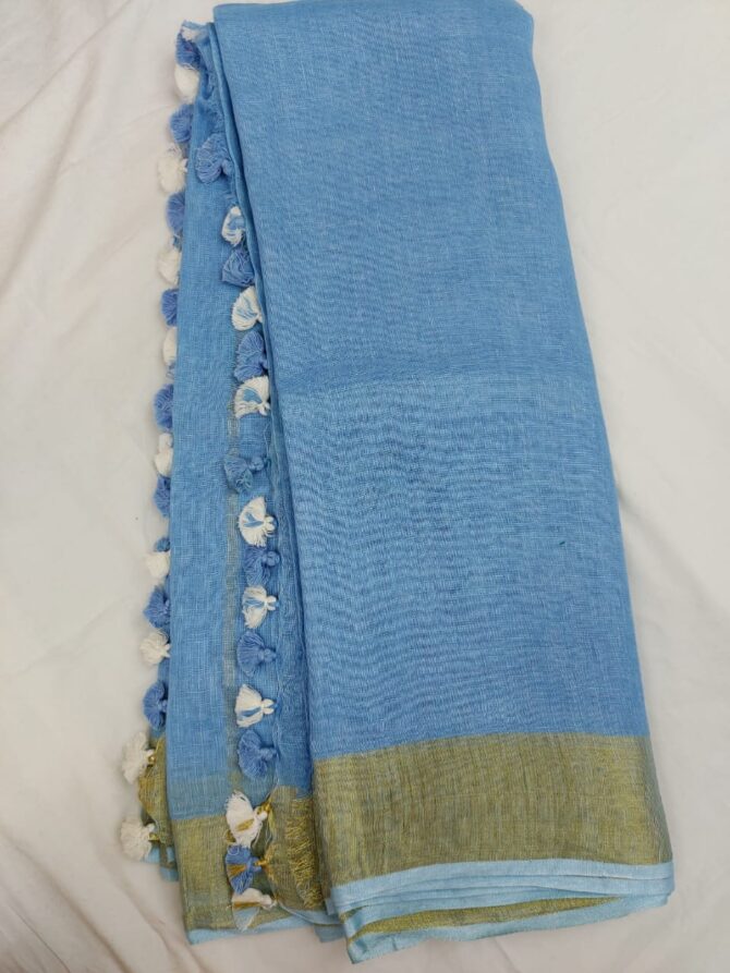 Sapphire Blue Golden Zari Border with Tassels Solid Color Saree