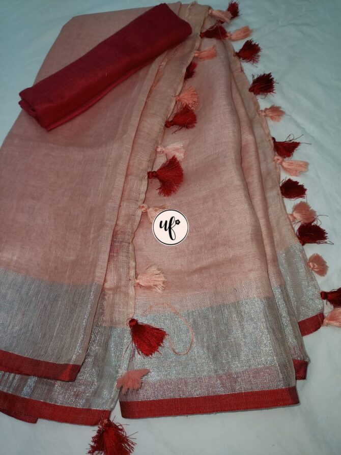 Peach Silver  Zari Red Border With Tassels  Solid Color Saree