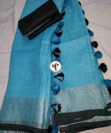 Aqua Blue Silver Zari Black Border With Tassels  Solid Color Saree