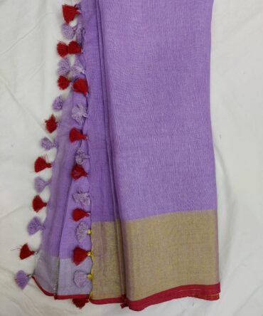 Lavender Golden Zari Red Border With Tassels Solid Color Saree