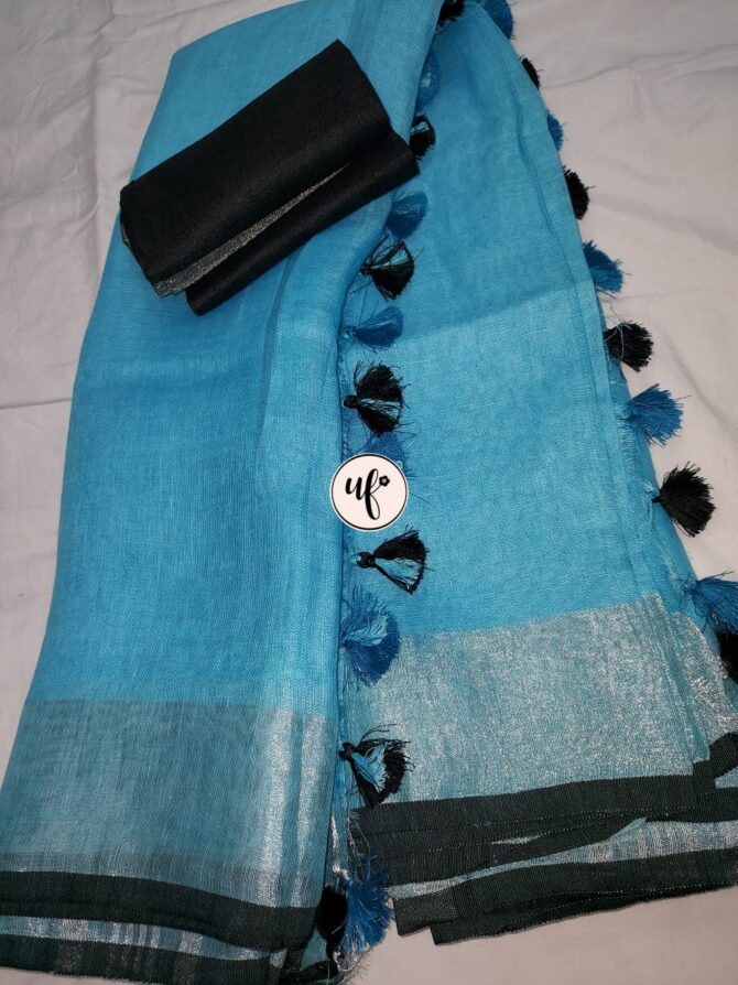 Aqua Blue Silver Zari Black Border With Tassels  Solid Color Saree