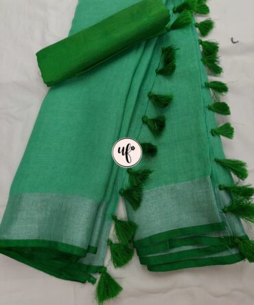 Mint Green Silver Zari Green Border With Tassels  Solid Color Saree
