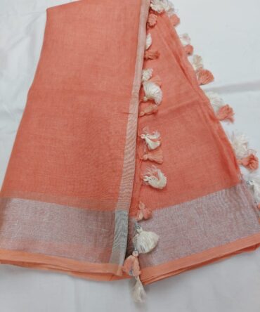 Peach  Silver Zari Border with Tassels Solid Color Saree