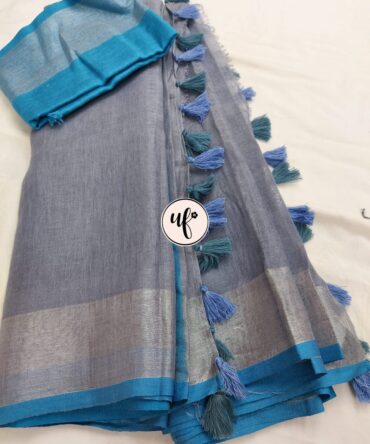Ash Grey Silver Zari Blue Border With Tassels  Solid Color Saree