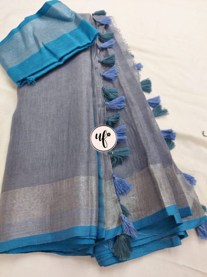 Ash Grey Silver Zari Blue Border With Tassels  Solid Color Saree