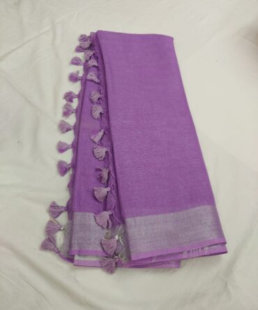 Lilac Silver Zari Border with Tassels Solid Color Saree