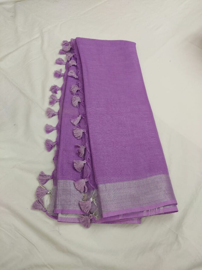 Lilac Silver Zari Border with Tassels Solid Color Saree