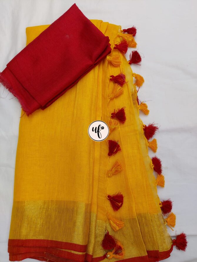 Yellow Golden  Zari Red Border With Tassels  Solid Color Saree