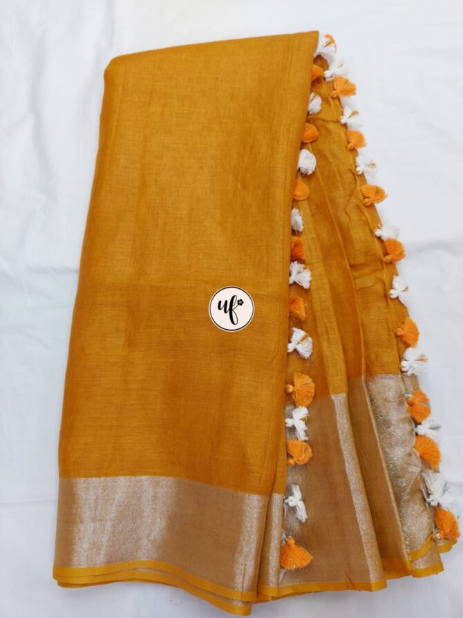 Classic Yellow Silver Zari Border With Tassels  Solid Color Saree