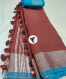 Maroon Silver Zari  Blue Border With Tassels  Solid Color Saree