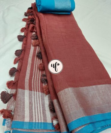 Maroon Silver Zari  Blue Border With Tassels  Solid Color Saree