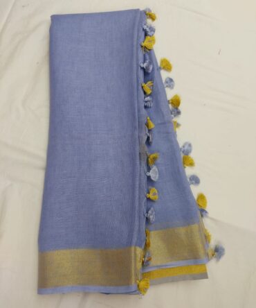 Cornflower Blue Golden Zari Border Solid Color Saree