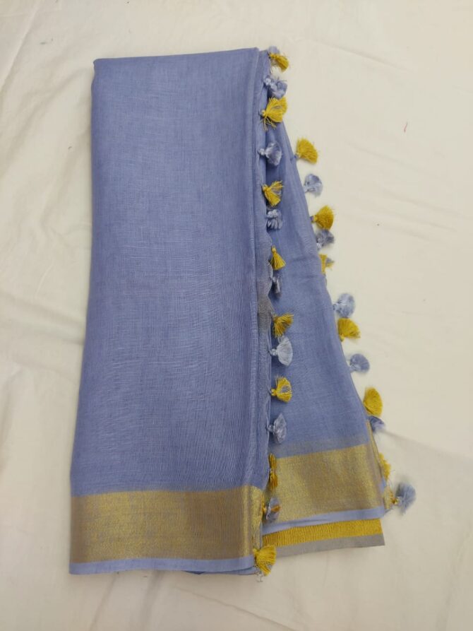 Cornflower Blue Golden Zari Border Solid Color Saree
