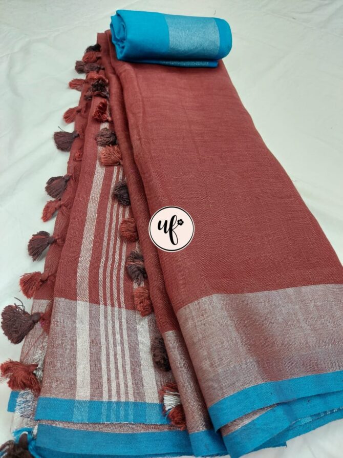 Maroon Silver Zari  Blue Border With Tassels  Solid Color Saree