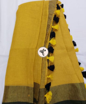 Corn Yellow Golden Zari Black  Border With Tassels  Solid Color Saree