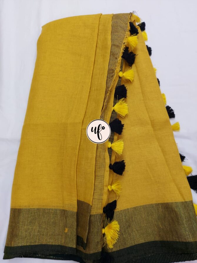 Corn Yellow Golden Zari Black  Border With Tassels  Solid Color Saree