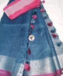 Azure Blue Silver Zari Pink  Border With Tassels  Solid Color Saree
