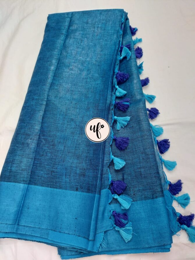 Sapphire, Blue Zari Border With Tassels  Solid Color Saree