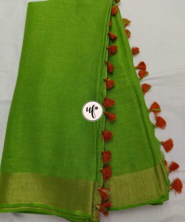 Sheen Green Golden  Zari Border With Tassels  Solid Color Saree