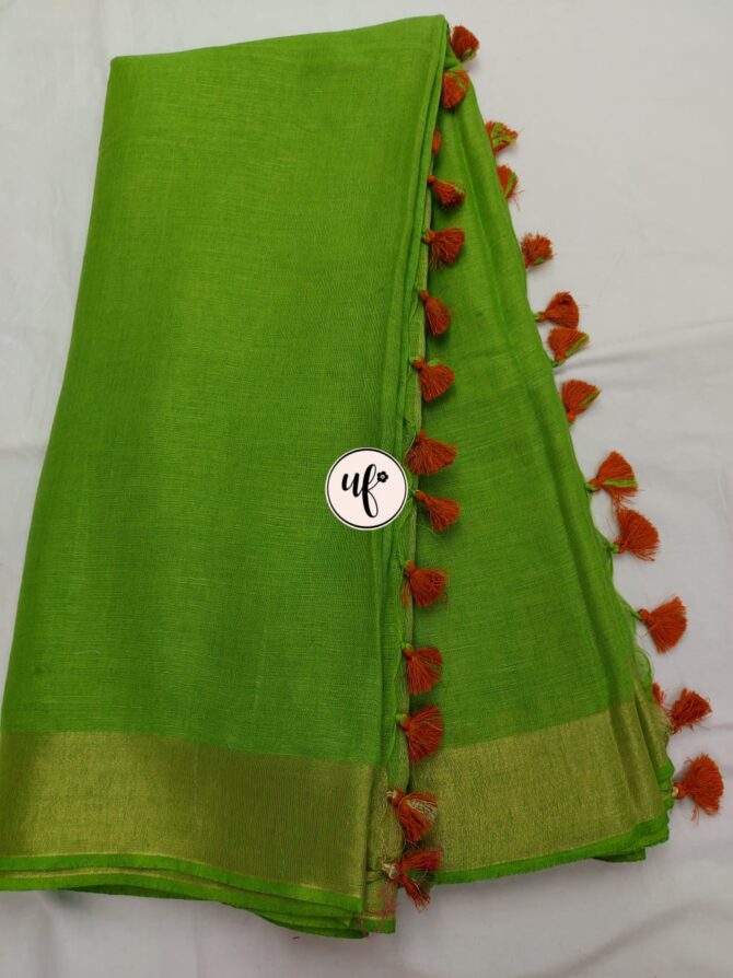 Sheen Green Golden  Zari Border With Tassels  Solid Color Saree