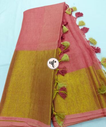 Pale Pink Golden  Zari Border With Tassels  Solid Color Saree