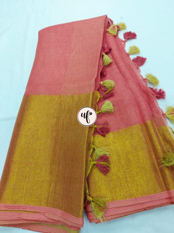 Pale Pink Golden  Zari Border With Tassels  Solid Color Saree