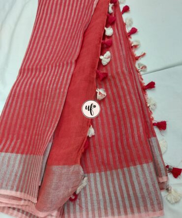 Coral Peach Silver Zari Border With Tassels  Solid Color Saree