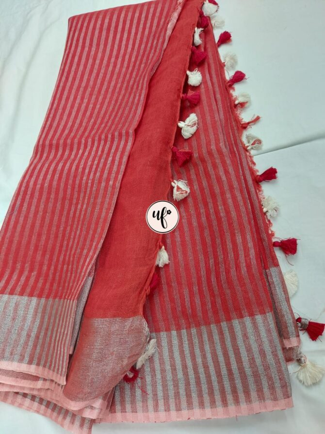 Coral Peach Silver Zari Border With Tassels  Solid Color Saree