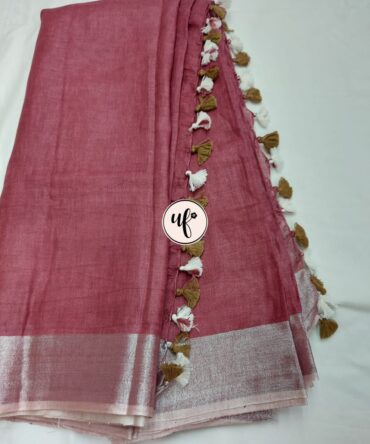 Rouge Pink Silver  Zari Border With Tassels  Solid Color Saree