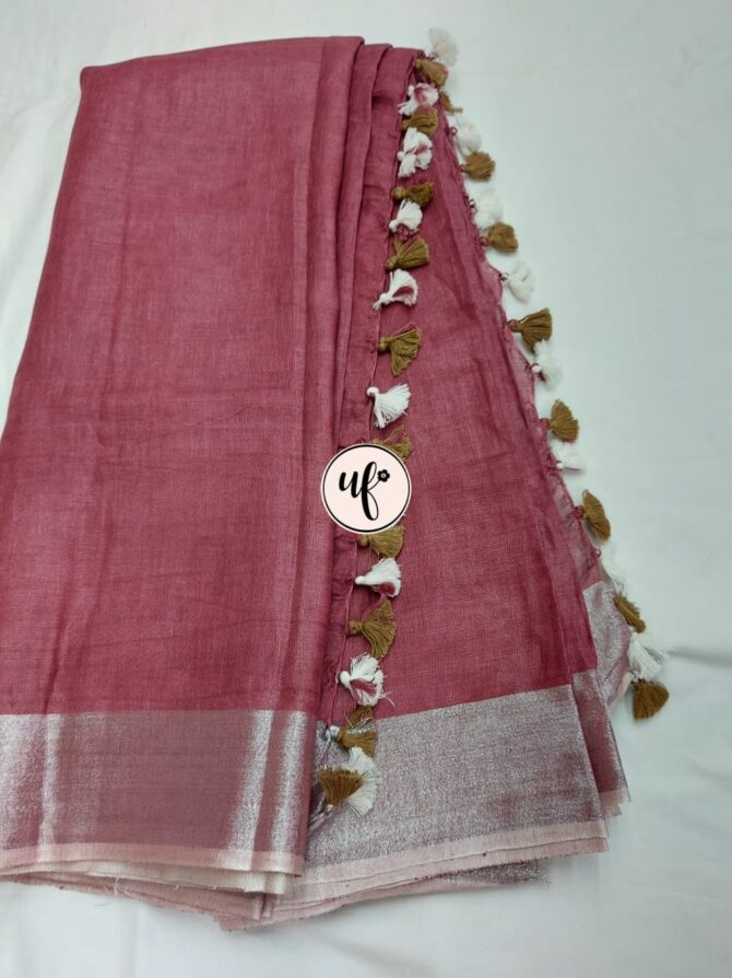 Rouge Pink Silver  Zari Border With Tassels  Solid Color Saree