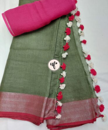 Fossil Grey Silver Zari Pink  Border With Tassels  Solid Color Saree