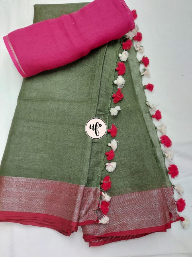 Fossil Grey Silver Zari Pink  Border With Tassels  Solid Color Saree
