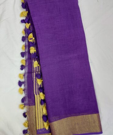 Violet Golden  Zari Border With Tassels  Solid Color Saree