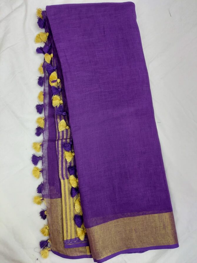 Violet Golden  Zari Border With Tassels  Solid Color Saree