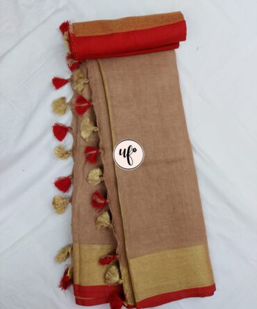 Btbrown Golden  ZariRed  Border With Tassels Solid Color Saree