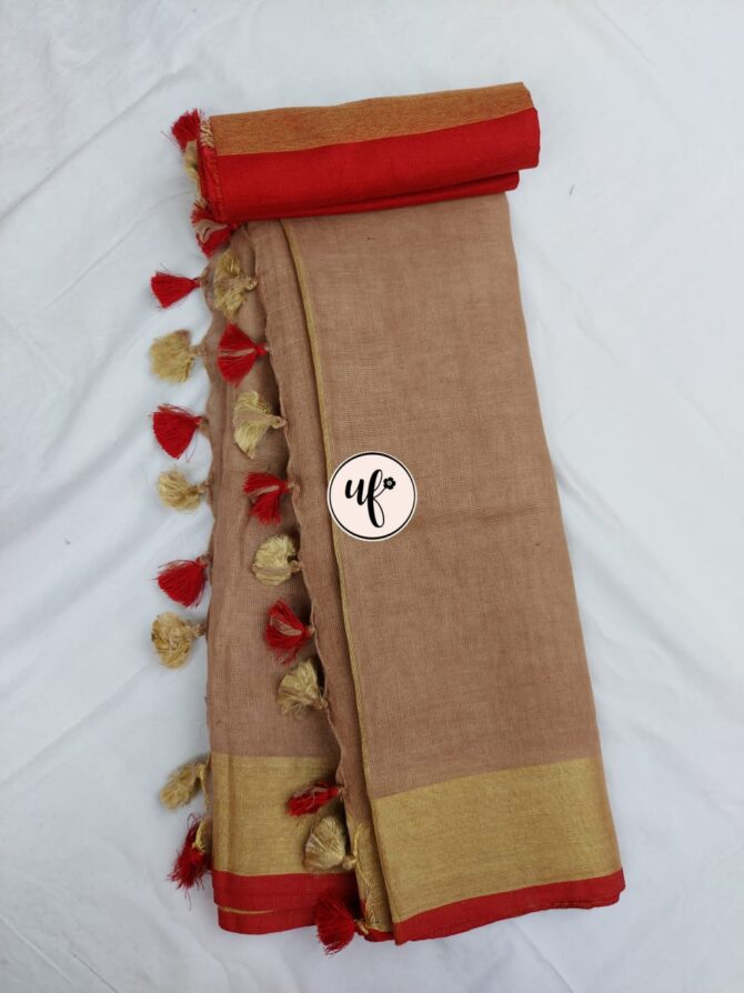 Btbrown Golden  ZariRed  Border With Tassels Solid Color Saree